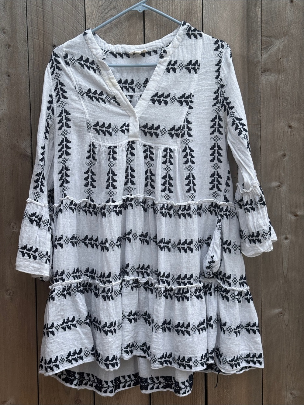 Elan Boho Tiered Tunic Dress M Black White Aztec Print Bell Sleeve Cotton